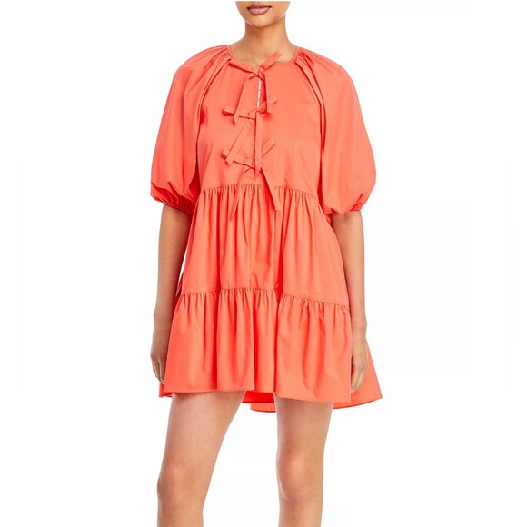 Cinq à Sept Lynn Tiered Puff Sleeve Dress Neon Coral Size 6 New w/Tag $365